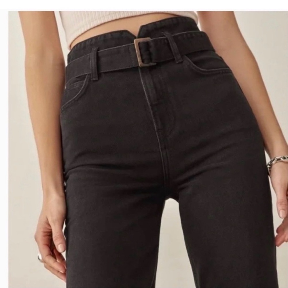 Reformation Cynthia Belted High Rise Straight Black Jeans